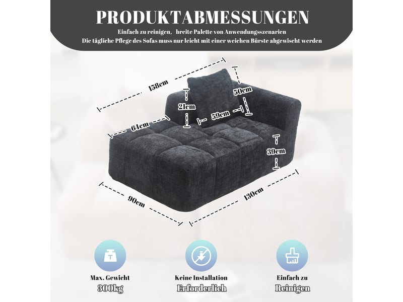  Canapé noir en chenille avec méridienne, coussin inclus et poches latérales pratiques pour salon  - Conforama C