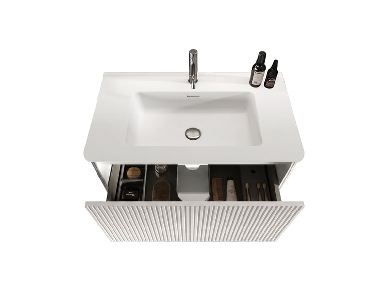Meuble vasque suspendu 80 cm avec vasque en surface solide - 2 tiroirs push open façade rainurée - Conforama W