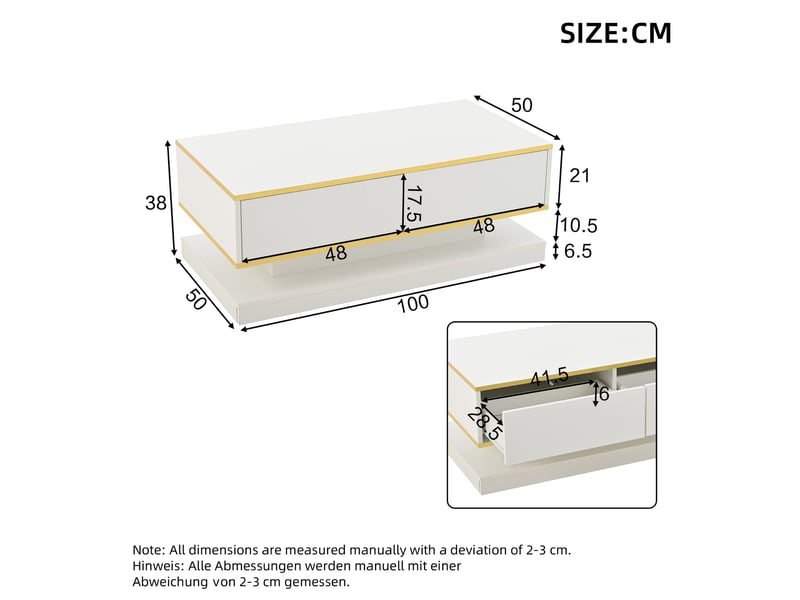  Ensemble meuble tv et table basse brillant – 3 tiroirs sur le meuble tv, 2 tiroirs sur la table – finitions dorées – blanc  - Conforama C