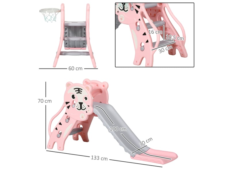  Toboggan pour enfants, toboggan intérieur pour enfants, avec panier de basket, thème tigre, de 18 à 36 mois, rose  - Conforama C