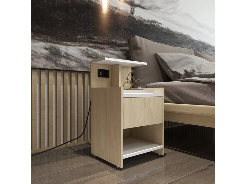  Table de chevet moderne avec 2 prises électriques, 2 ports usb et tiroir en aggloméré, 40 x 40 x 60 cm, couleur bois  - Conforama D