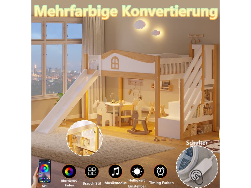  Lit mi-hauteur enfant 90 × 200 cm, blanc, garde-corps, échelle avec rangements, toboggan, éclairage led, pin et mdf  - Conforama C