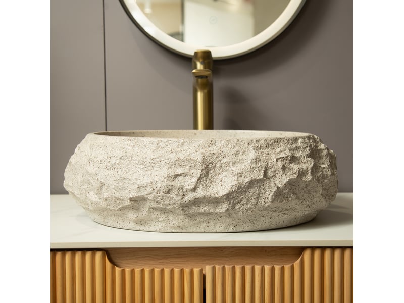  Vasque à poser en résine avec motif pierre irrégulier, sans robinet, pour salle de bain, 62×52×28 cm, beige  - Conforama E