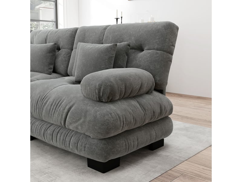  Canapé d'angle modulaire de luxe,3 places,convertible avec assise profonde et pouf, velours ,313x 145x 81 cm, gris  - Conforama E
