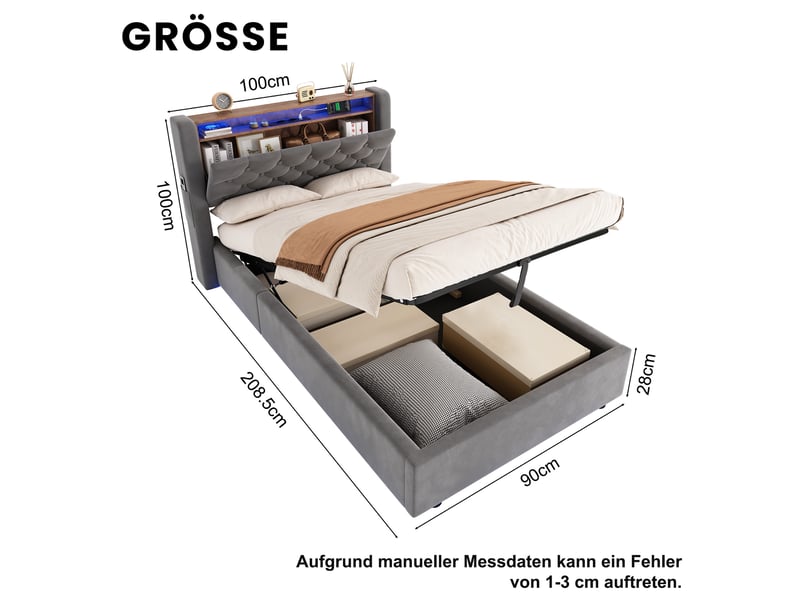  Lit simple 90×190 gris avec led, prise usb, rangement tête de lit et espace de stockage inférieur  - Conforama D