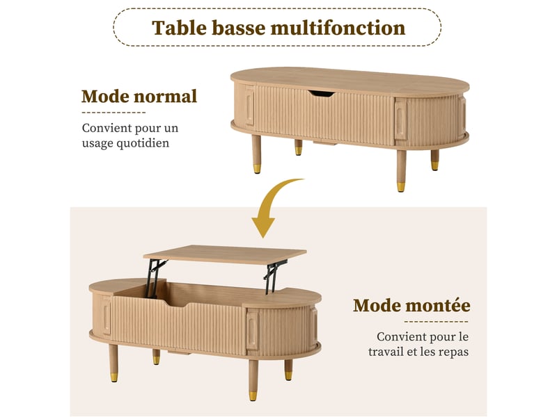 Table basse relevable 110x48x57 cm, rangement, portes coulissantes à rainures, naturel - Conforama D
