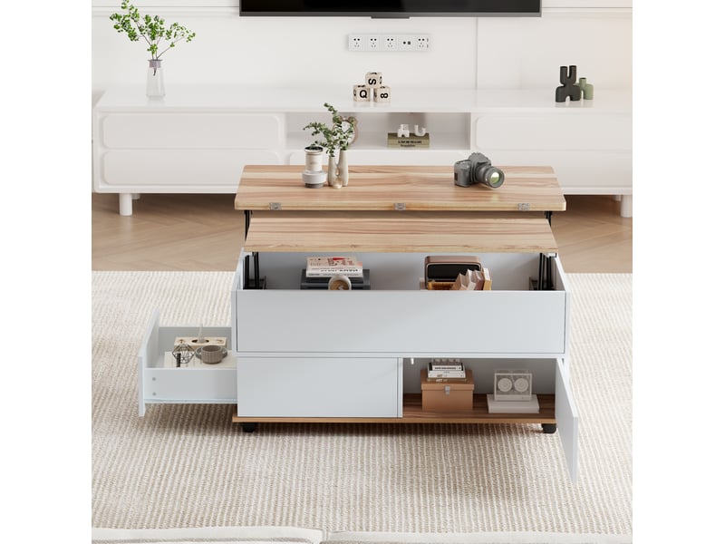  Table basse relevable 100 x 98 x 65 cm blanc et couleur bois naturel  - Conforama B