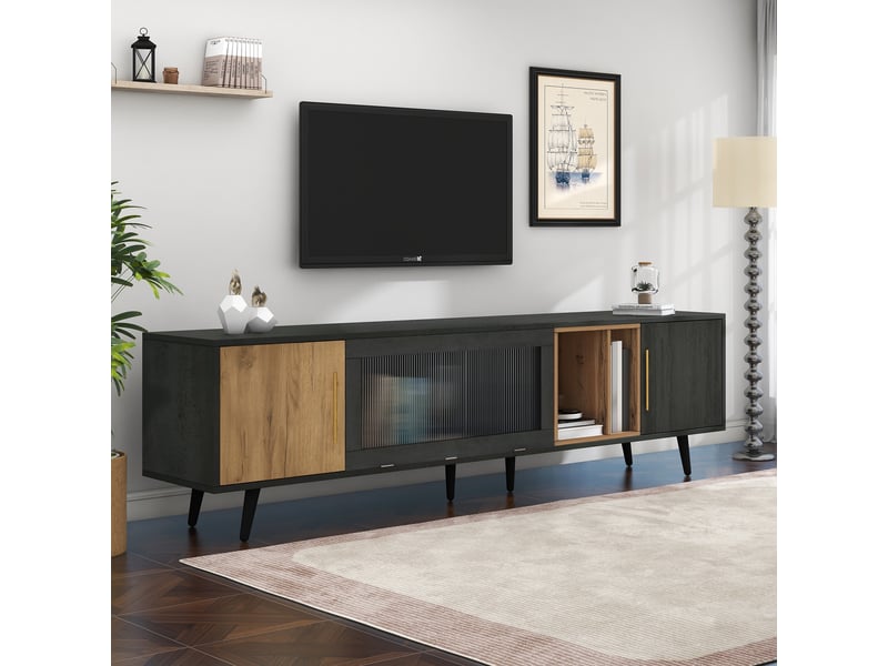  Meuble tv 200x40x55,5 cm pour tv 90, 3 portes latérales et niche centrale en verre rabattable, mdf, gris et marron  - Conforama W