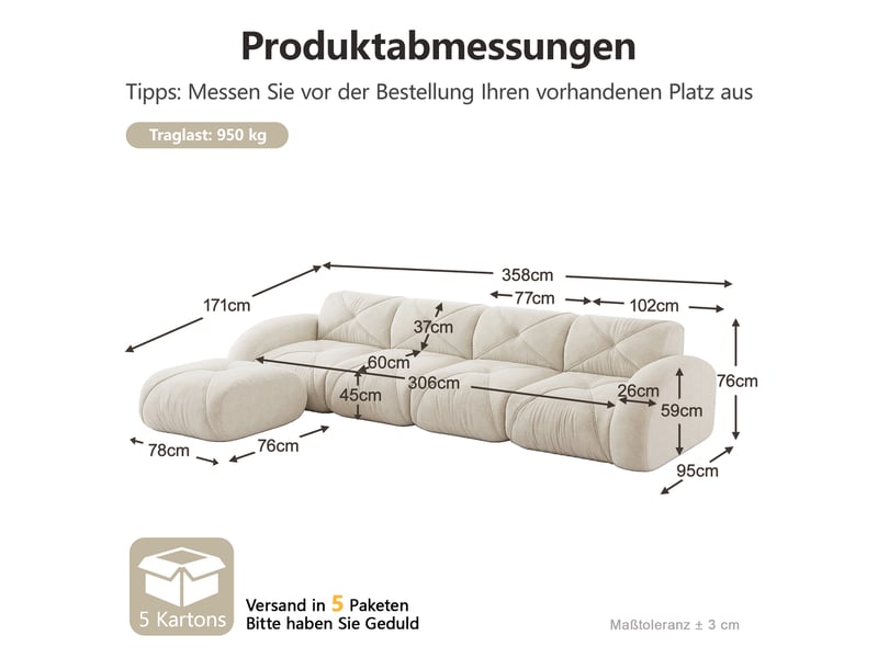  Fauteuil canapé d'angle l modulaire 4 places en chenille beige clair avec repose-pieds et base antidérapante pour salon contemporain  - Conforama C