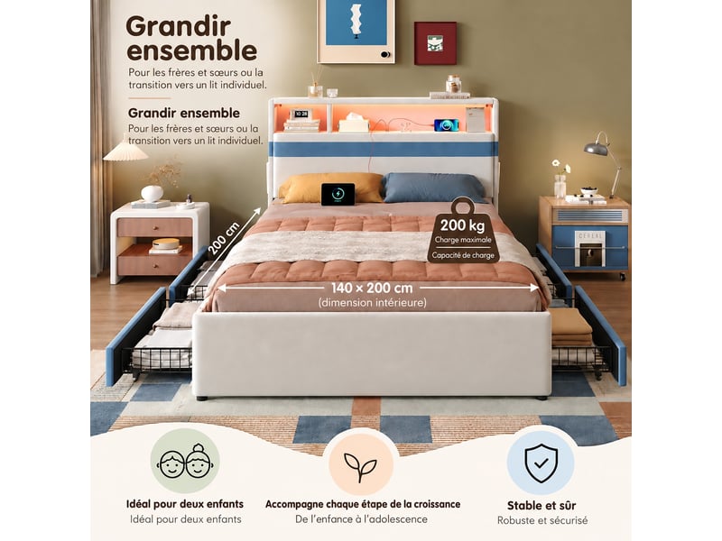 Lit rembourré enfant 140x200 cm avec 4 tiroirs, led, ports usb, poches latérales et tête de lit à rangement, blanc et bleu  - Conforama D