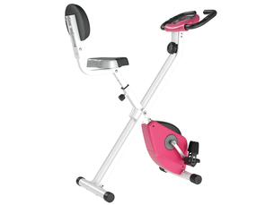 Vélo appartement pliable fitness intérieur, 8 résistances magnétiques, dossier, selle réglable, lcd, cardio, rose.