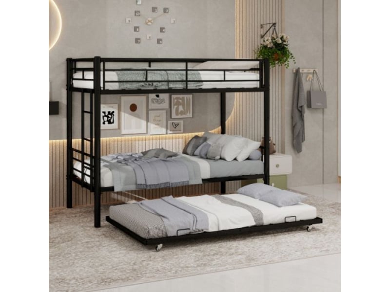  Lit superposé 3 etage 3 lits solide en métal | anti-bruit, garde-corps sécurisé, sans sommier à ressorts,noir  - Conforama B