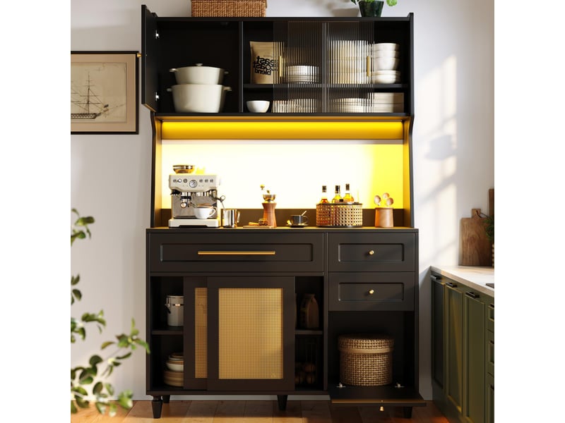  Armoire haute de cuisine avec porte coulissante en pe-rattan,éclairage led,étagères réglables et 3 tiroirs,noir,multifonctionnelle et anti-basculement  - Conforama D