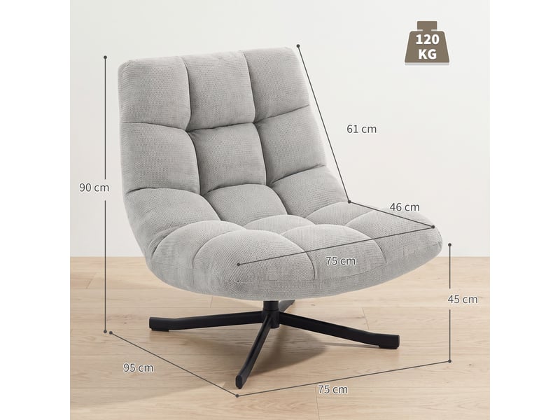  Fauteuil pivotant 360° en tissu effet chenille et pieds en acier 95 x 75 x 90 cm gris clair  - Conforama C
