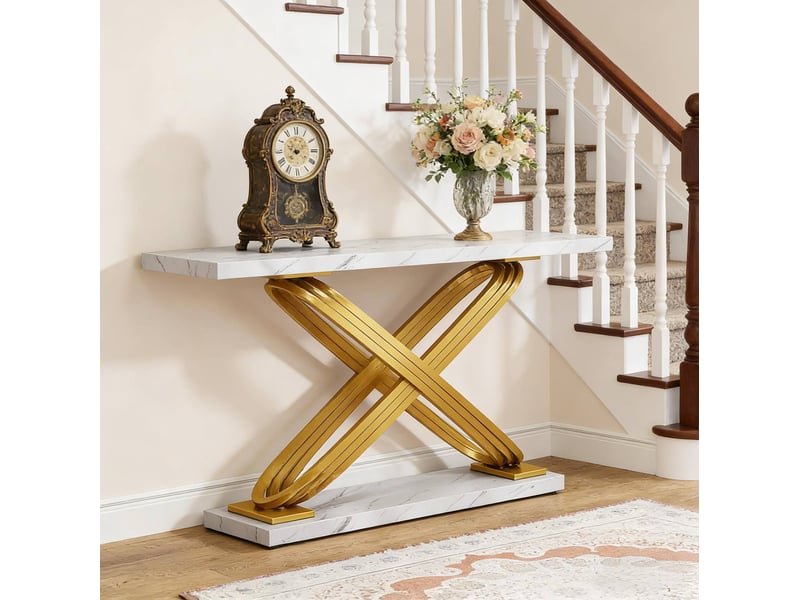  Table console 140 x 35 x 80 cm en métal doré et marbre artificiel blanc  - Conforama B