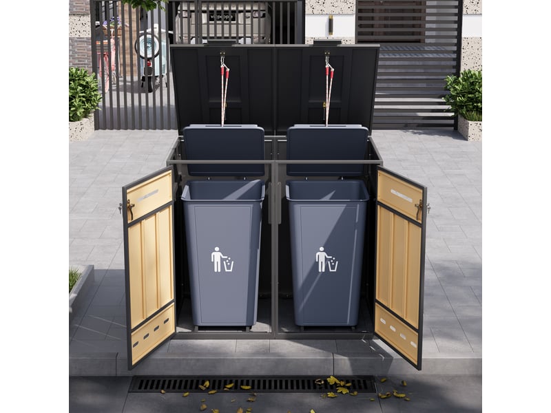  Abri poubelle double en acier avec couvercle rabattable et portes gris effet bois chicfurn  - Conforama B
