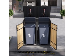 Abri poubelle double en acier avec couvercle rabattable et portes gris effet bois chicfurn