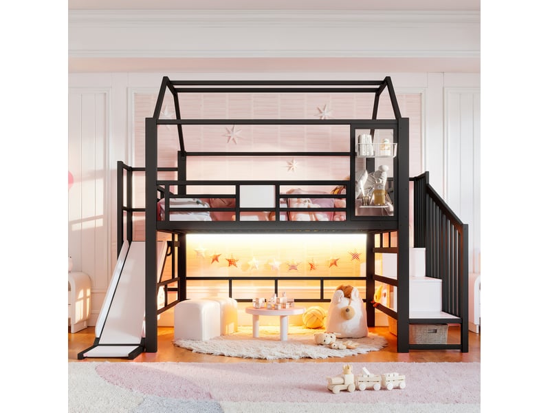  Lit mezzanine enfant 140x200 avec toboggan et led bluetooth evryae  - Conforama C