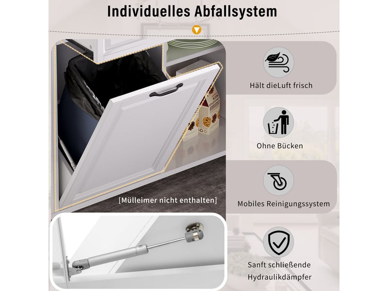  Desserte de cuisine avec portes, plateau rabattable, prises et compartiment poubelle, en mdf, 120×40-70×92 cm, blanc  - Conforama E
