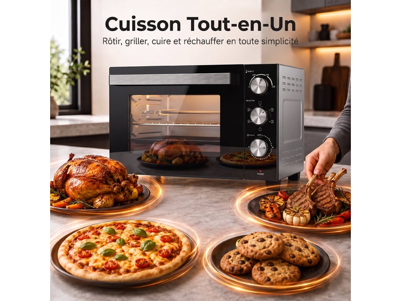 Mini-four avec broche rotative 36l 1500 w, four à convection multifonction, chaleur tournante, minuterie 60 min, argenté - Conforama D