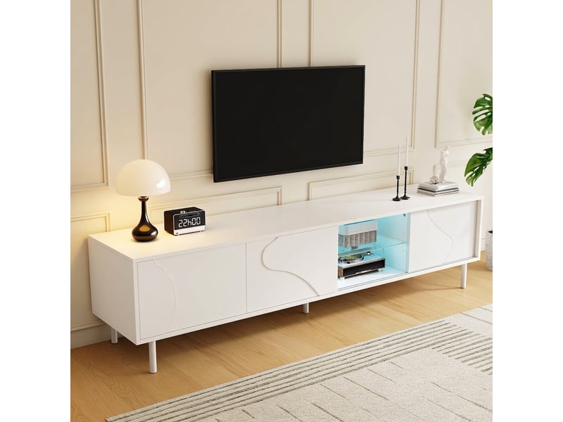 Meuble tv blanc 180 cm avec portes coulissantes mdf mat led app - Conforama D
