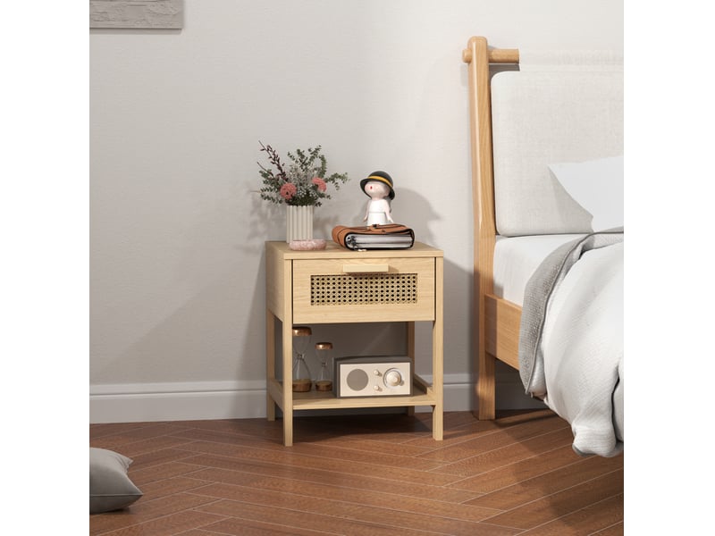  Table de chevet 40x40x48,4 cm en bois naturel avec tiroir et façade en rotin  - Conforama E