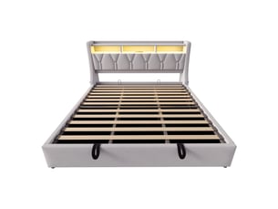 Lit coffre 180x200 cm velours gris clair, tête rabattable, rangements intégrés, led et prise électrique