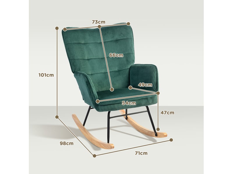  Fauteuil à bascule rembourré avec dossier haut incliné et accoudoirs, en velours côtelé polyester vert foncé  - Conforama D