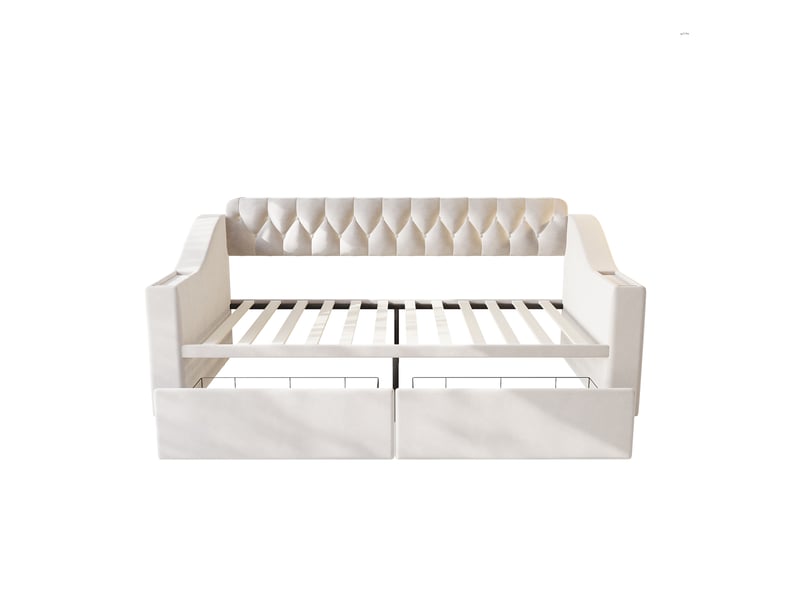  Lit enfant 90x190 cm tiroirs accoudoirs larges poches latérales ports usb revêtement velours beige sans matelas  - Conforama E