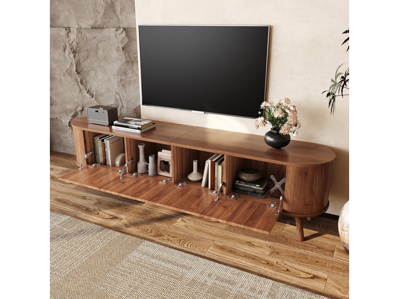 Meuble tv 180 cm avec 4 portes rainurées, poignées dorées et bords arrondis, mdf et panneau de particules, effet noyer Fay Lum - Conforama D