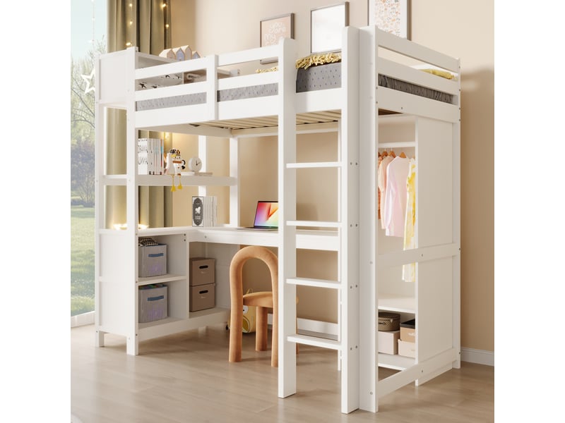  Lit mezzanine 90x200 cm avec bureau, étagères, armoire, sans matelas, blanc, rangement pour enfant sûr  - Conforama D