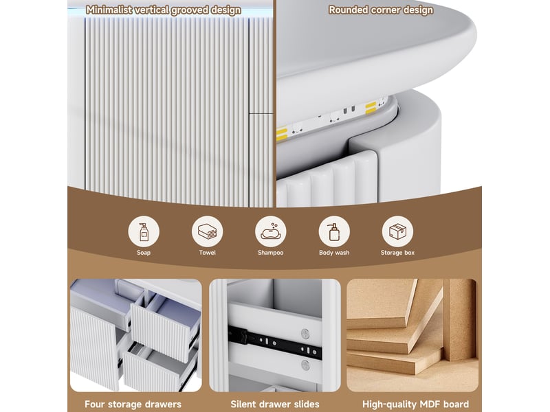  Meuble vasque salle de bain suspendu 80,5x47,5x51 cm, armoire avec led, 4 tiroirs, style moderne, mdf blanc, design  - Conforama E