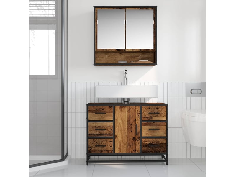  Ensemble de mobilier de salle de bain 2 pc bois ancien cf64018  - Conforama D
