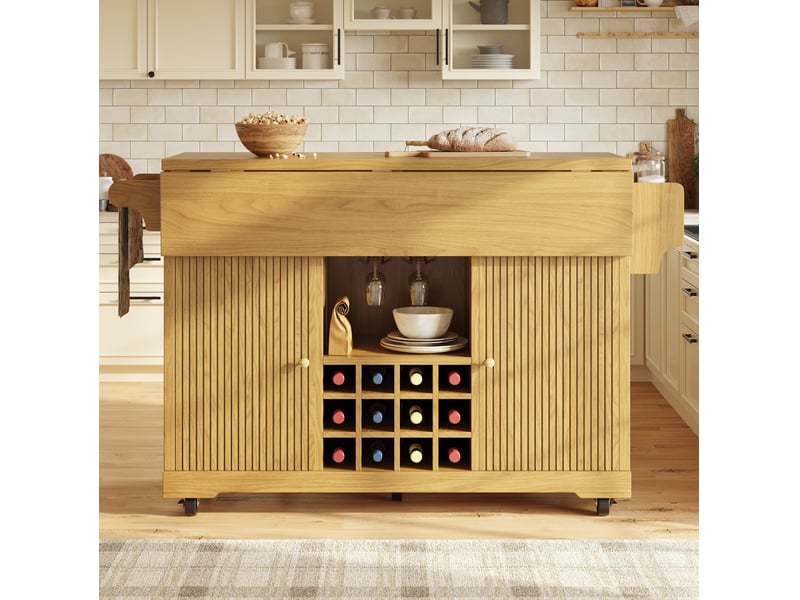  Îlot de cuisine mobile 142,5x80x95 cm, rallonges pliantes, rangement cuisine, desserte cuisine, mdf et métal, naturel  - Conforama B