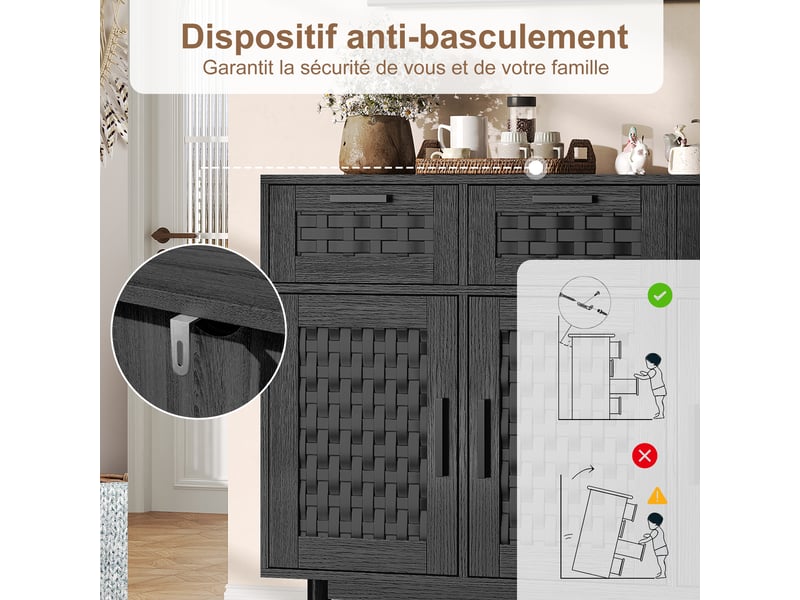  Commode 3 tiroirs et 3 porte, meuble de rangement avec conception anti-basculement et cadre en bois, commode en rotin buffet, 115x40x80 cm, noir  - Conforama E