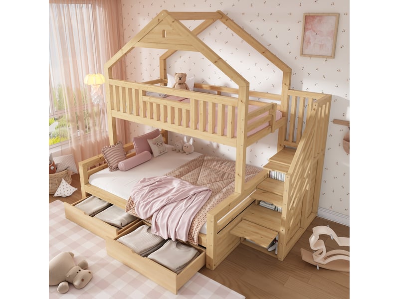  Lit superposé enfant 90x200 et 140x200 cm coloris chêne avec 2 tiroirs  - Conforama D