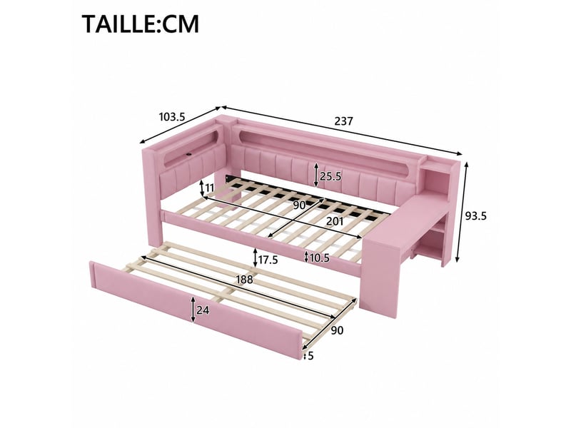 Lit gigogne simple 90x200 cm avec bureau, étagères, usb et led 7 couleurs, couchage d'appoint 90x190 cm, rose - Conforama D