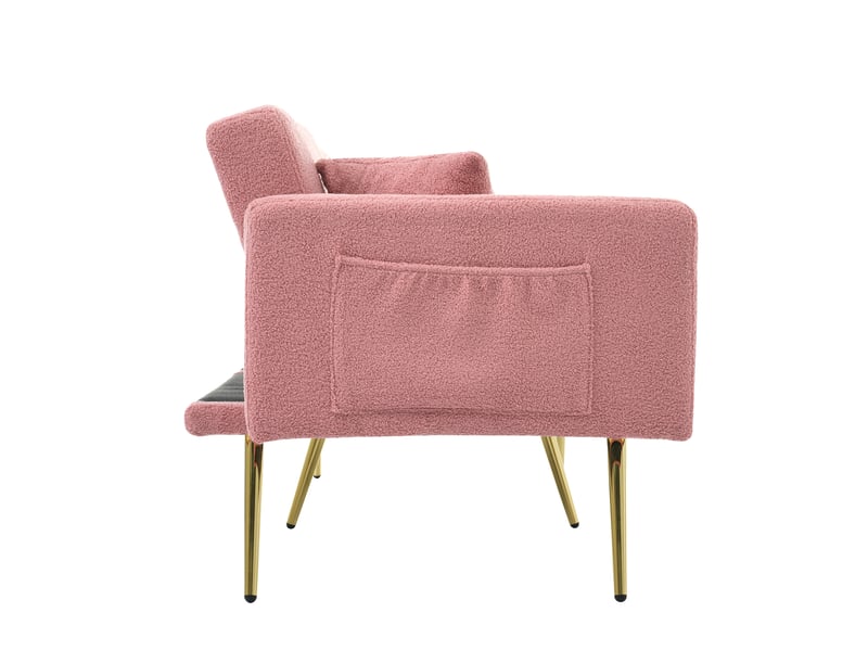  Canapé convertible rose en tissu bouclette, canapé inclinable sherpa 2 places avec pieds dorés et poches latérales, 175x64x72cm.  - Conforama W