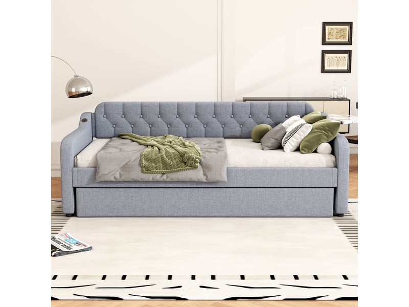 Canapé lit 90x200 en lin gris avec lit gigogne extensible et port usb intégré  - Conforama B