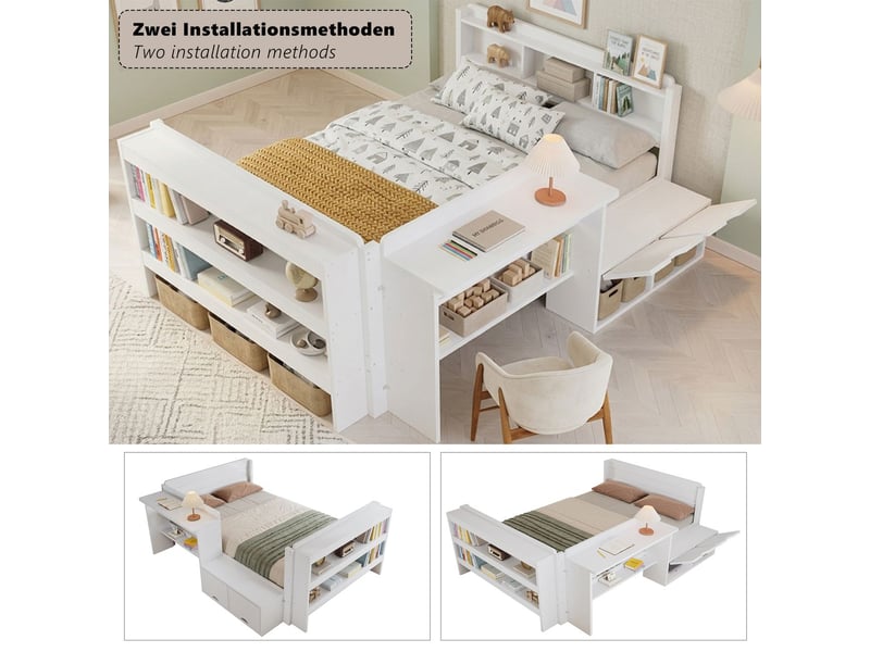 Lit coffre 120 x 200 cm bureau intégré compartiment rabattable étagère ouverte en pied module latéral réversible structure en bois finition blanche  - Conforama D