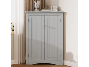 Meuble d’angle sdb gris 62 × 80 cm, 2 portes, 3 niveaux, gain de place