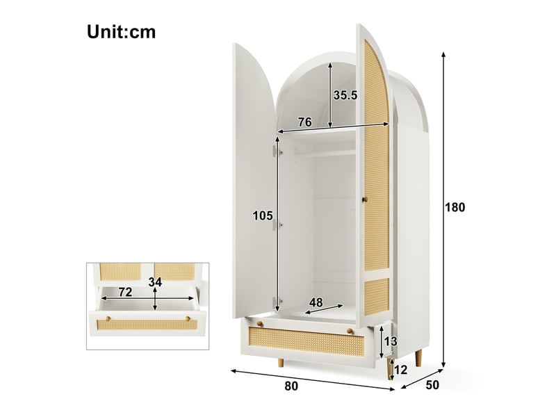  Armoire 2 portes 80 x 50 x 180 cm avec tringle, tiroir, mdf blanc et rotin  - Conforama C