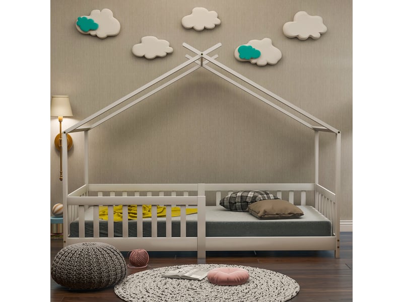  Lit enfant 90x200 cm, forme maison, barrières de sécurité, sommier à lattes, pin massif, blanc OMNIGLINT TRADING LTD - Conforama E
