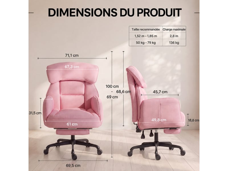 Dowinx fauteuil gaming ergonomique rose avec massage, ressorts ensachés, réglages multiples, revêtement en similicuir pu, grand format - Conforama D