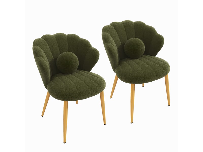  Lot de 2 chaises de salle à manger style coquillage en tissu teddy vert, pieds dorés  - Conforama A