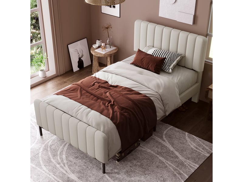Lit rembourré 90x190 cm, cadre de lit avec sommier à lattes, tête de lit réglable, style moderne, tissu lin (sans matelas), beige grisé clair CozyNest - Conforama E