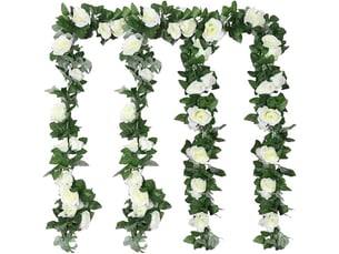 guirlande fleur artificis rose vigne decoration mariage, 4 pcs soie fleur décoration fausse plante suspendues florale pour fête jardin maison arc cérémonie mur exterieur(blanc)