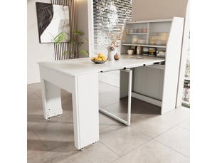 Table à manger extensible,table à manger rectangle avec étagère,compartiment de rangement anti-poussière,espace de travail et 3 panneaux amovibles,52132,5x80x76,blanc
