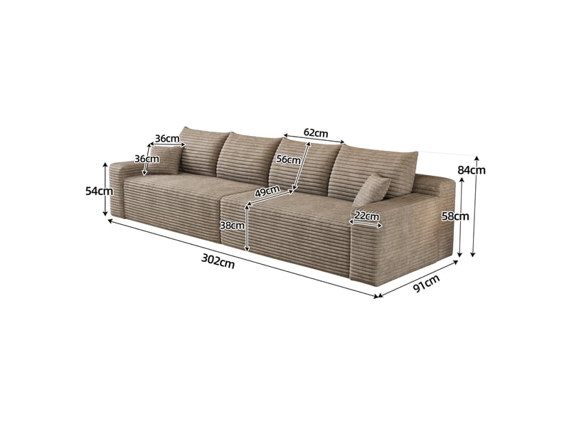  Canapé droit modulable 302 cm sans structure ni montage, canapé-lit en mousse et velours côtelé doux, design minimaliste pour salon, camel Seren Glow - Conforama C