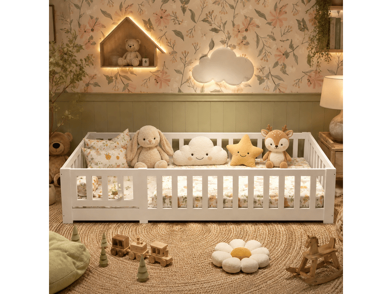 Lit enfant - cadre de lit au sol - 90 x 200 cm - bois de pin massif - avec barrière de sécurité et porte - lit au sol enfant 90x200 cm - lit simple avec sommier à lattes - protection contre les chutes - lit au sol pour enfant -… - Conforama C